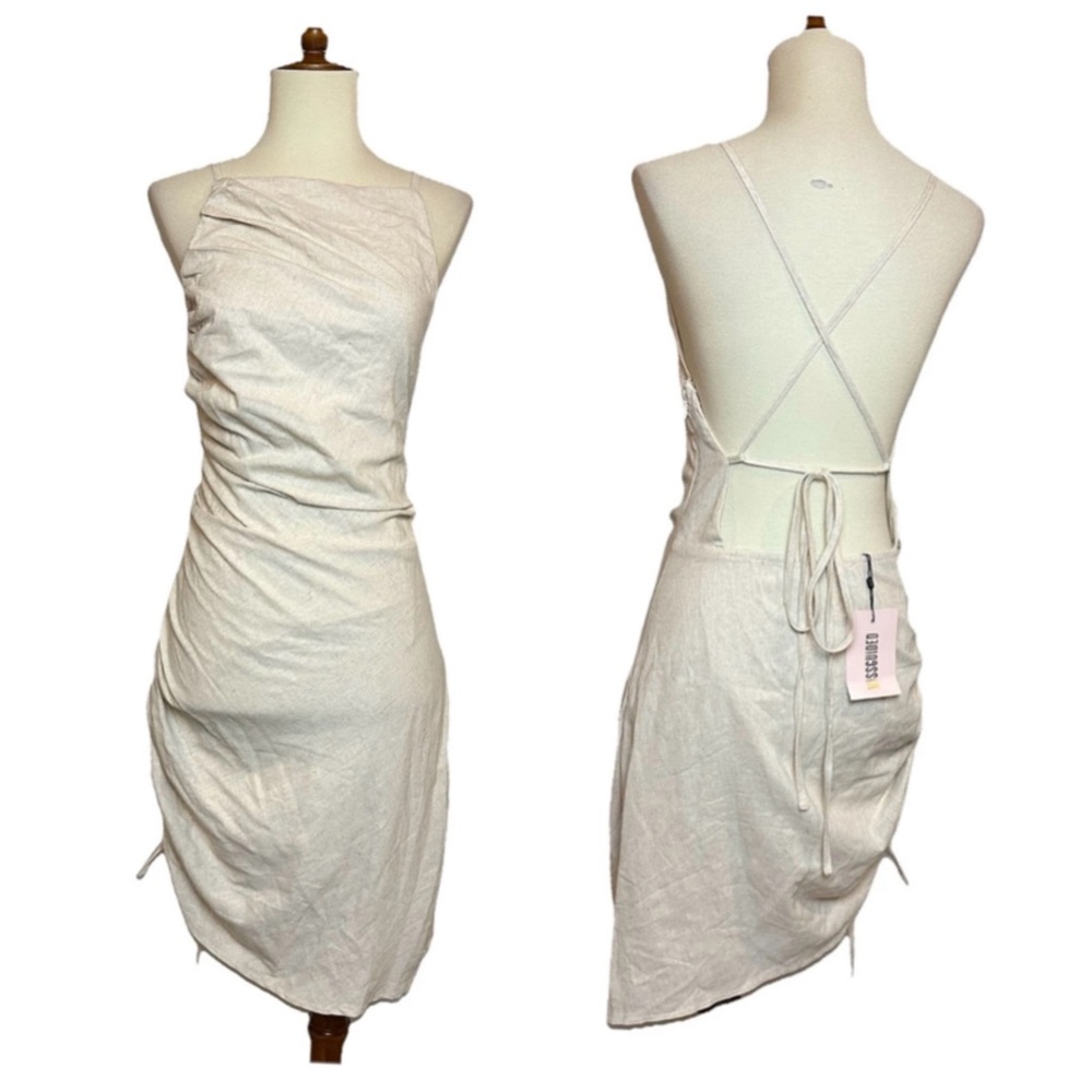 Missguided Square Neck Ruched X-Back Linen Blend Dress Beige Mini Size S (6) NWT